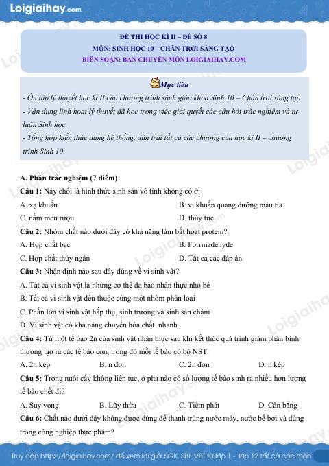 Đề thi học kì 2 Sinh 10 Chân trời sáng tạo - Đề số 8